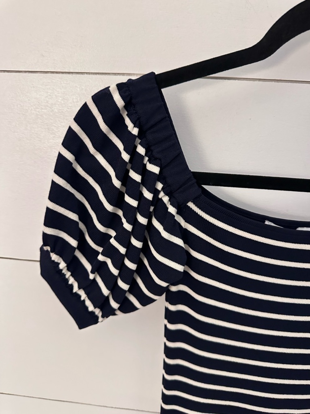 Zara S Junior puff off the shoulder sleeve navy-white stripe stretch midi dress - Picture 4 of 11